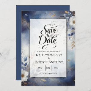 Navy Blue and Gold Floral Wedding Save the Date
