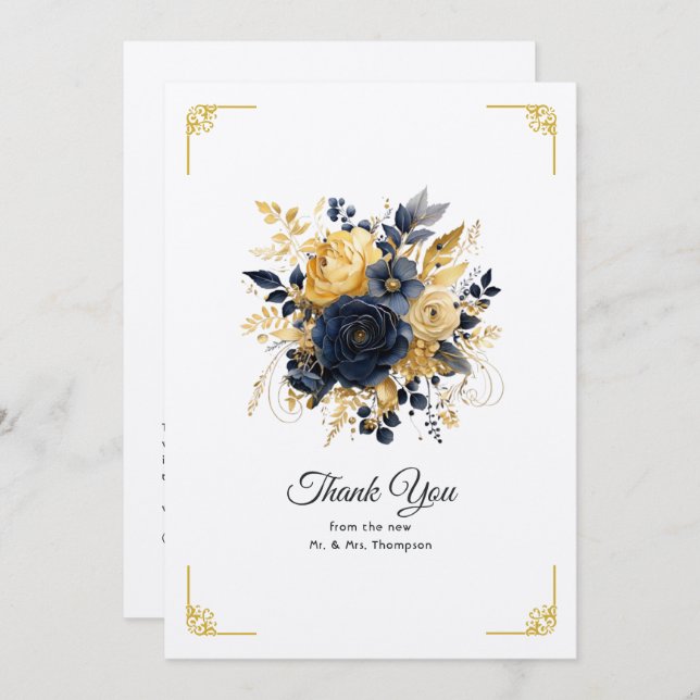 Navy Blue and Gold Floral Wedding Thank You Card (Front/Back)