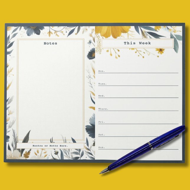 Navy Blue and Gold Floral Weekly Calendar Notepad (Gold and Blue Floral Custom Weekly Calendar with Notes Section)