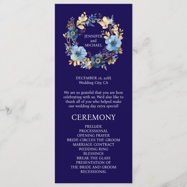 Navy Blue and Gold Flowers Wedding Program (Front)