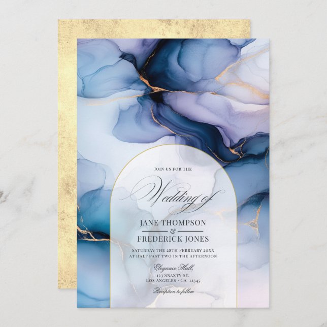 Navy Blue and Gold Flowing Alcohol Ink Wedding Invitation (Front/Back)