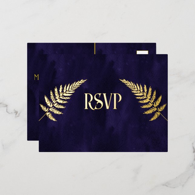 Navy Blue and Gold Foil RSVP Invitation Postcard (Front/Back)
