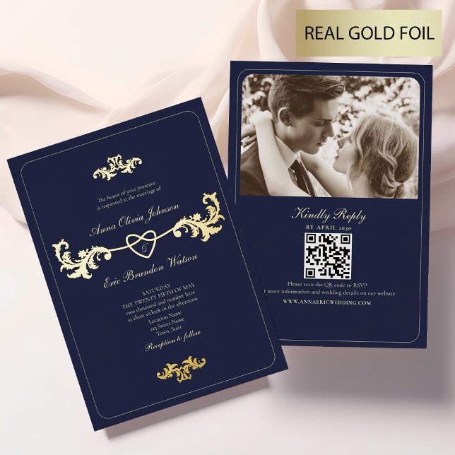 Navy Blue and Gold Foil Wedding Invitation (Creator Uploaded)