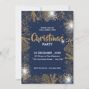 Navy Blue  And Gold Foliage Merry Christmas Party  Invitation