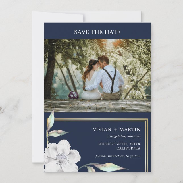 Navy Blue And Gold Frame Floral Photo Wedding Save The Date (Front)