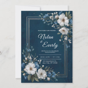 Navy Blue and Gold Frame White Floral Wedding Invitation