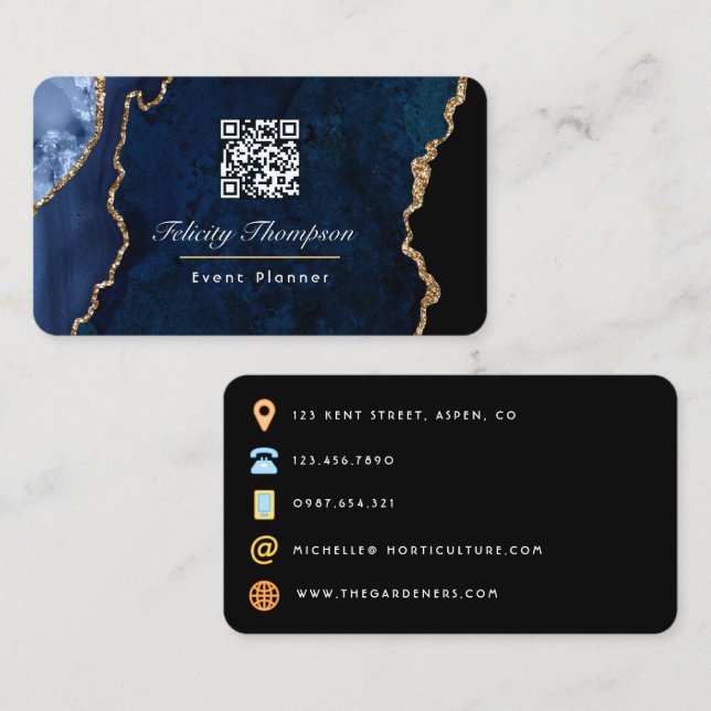 Navy Blue and Gold Geode Agate Stone QR Code Business Card (Front/Back)