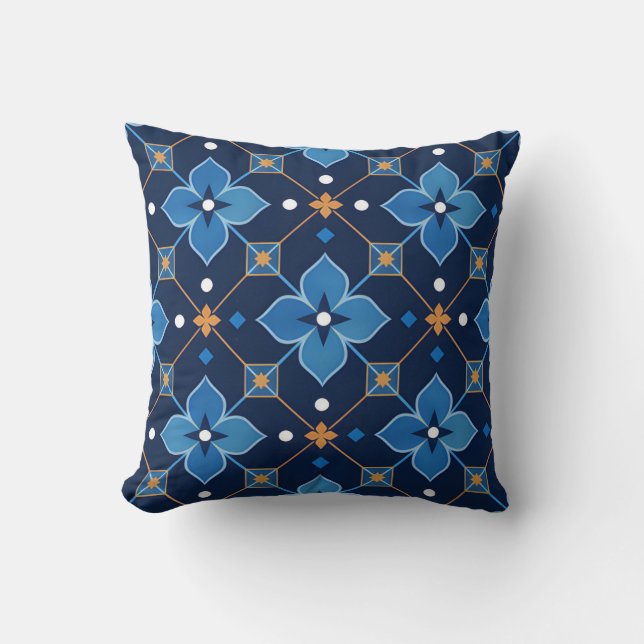 Navy Blue and Gold Geometric Floral Pattern Cushion (Front)