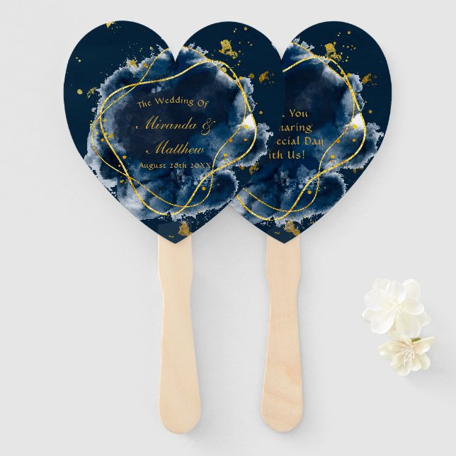 Navy Blue and Gold Geometric Wedding  Hand Fan (Front and Back)