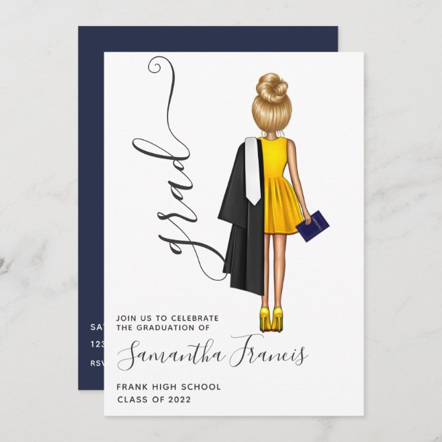 Navy Blue and Gold Girl Graduation Party Invitation (Front/Back)