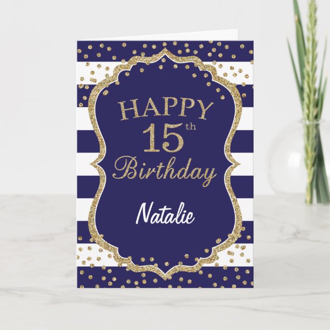 Navy Blue and Gold Glitter 15th Birthday Card (Front)