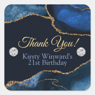 Navy Blue and Gold Glitter Agate Birthday Party Square Sticker