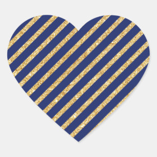 Navy Blue and Gold Glitter Diagonal Stripe Pattern Heart Sticker
