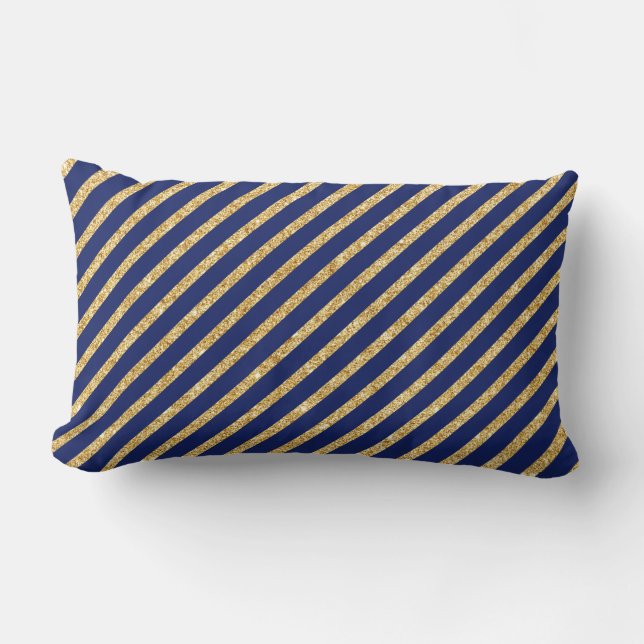 Navy Blue and Gold Glitter Diagonal Stripe Pattern Lumbar Cushion (Front)