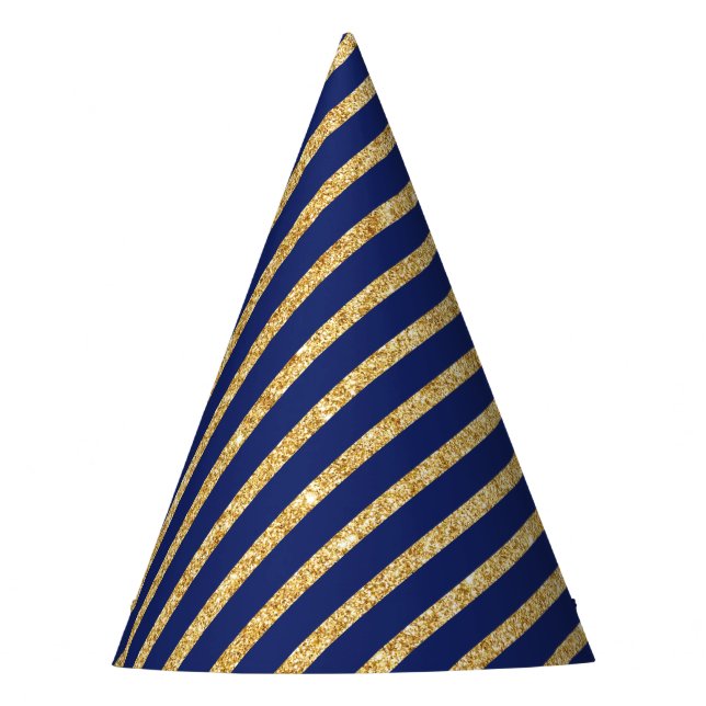 Navy Blue and Gold Glitter Diagonal Stripe Pattern Party Hat (Front)
