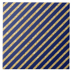 Navy Blue and Gold Glitter Diagonal Stripe Pattern Tile