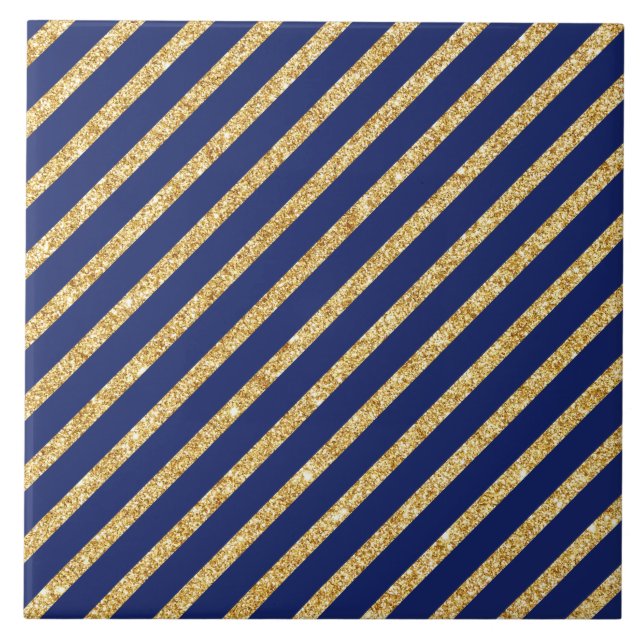 Navy Blue and Gold Glitter Diagonal Stripe Pattern Tile (Front)
