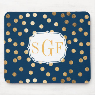 Navy Blue and Gold Glitter Dots Monogrammed Mouse Pad