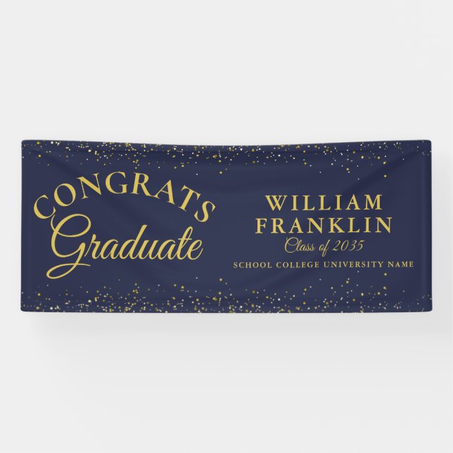 Navy Blue And Gold Glitter Graduation Banner (Horizontal)