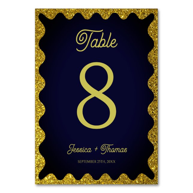 Navy Blue and Gold Glitters Wavy Retro Wedding Table Number (Front)