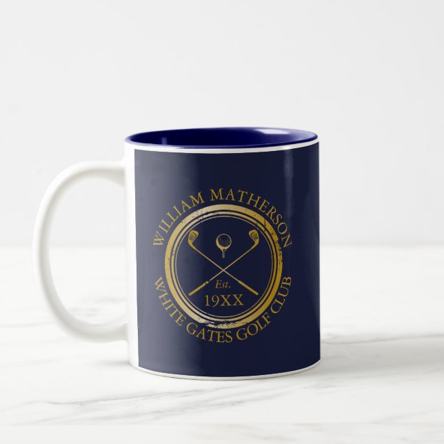 Navy Blue And Gold Golf Club Name Personalised Two-Tone Coffee Mug (Left)