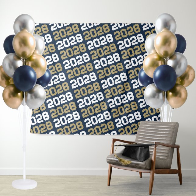 Navy Blue and Gold Graduation Backdrop Tapestry (Navy Blue & Gold Repeating Class Year Graduation Backdrop for Senior Photos, Photo Booth or Display)