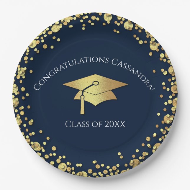 Navy Blue and Gold Graduation Paper Plate (Front)