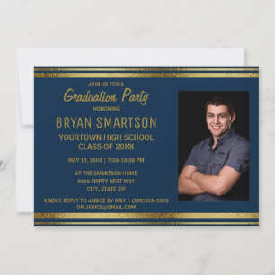 Navy Blue and Gold Graduation Party Photo Invite