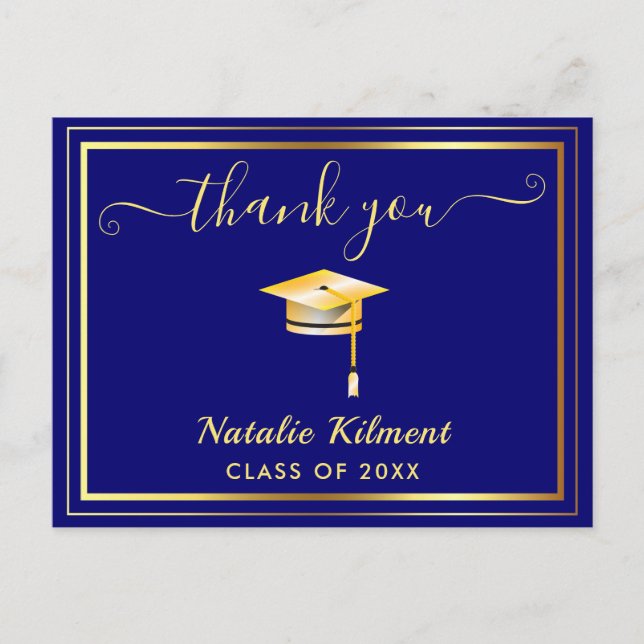 Navy Blue and Gold Graduation Thank You Postcard (Front)