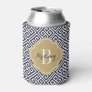Navy Blue and Gold Greek Key Monogram Can Cooler