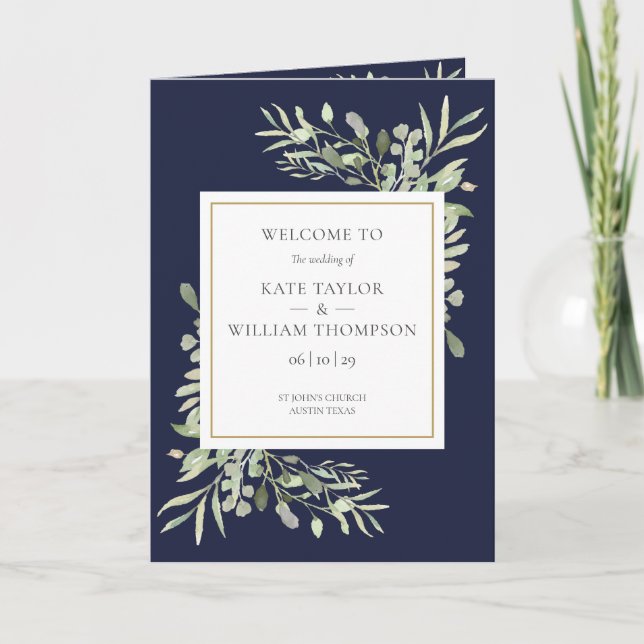 Navy Blue And Gold Greenery Foliage Wedding Program (Front)