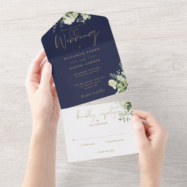 Navy Blue And Gold Greenery Monogram Wedding  All In One Invitation (Tearaway)