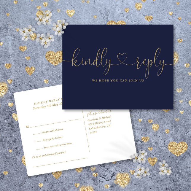 Navy Blue And Gold Heart Script Song Request RSVP Invitation Postcard (Navy Blue And Gold Heart Script Song Request RSVP Invitation Postcard)