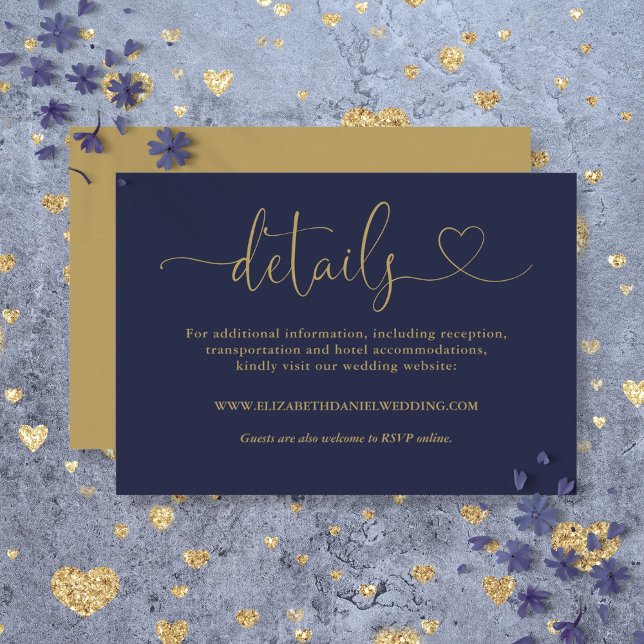 Navy Blue And Gold Heart Script Wedding Details Enclosure Card (Navy Blue And Gold Heart Script Wedding Details Enclosure Card)