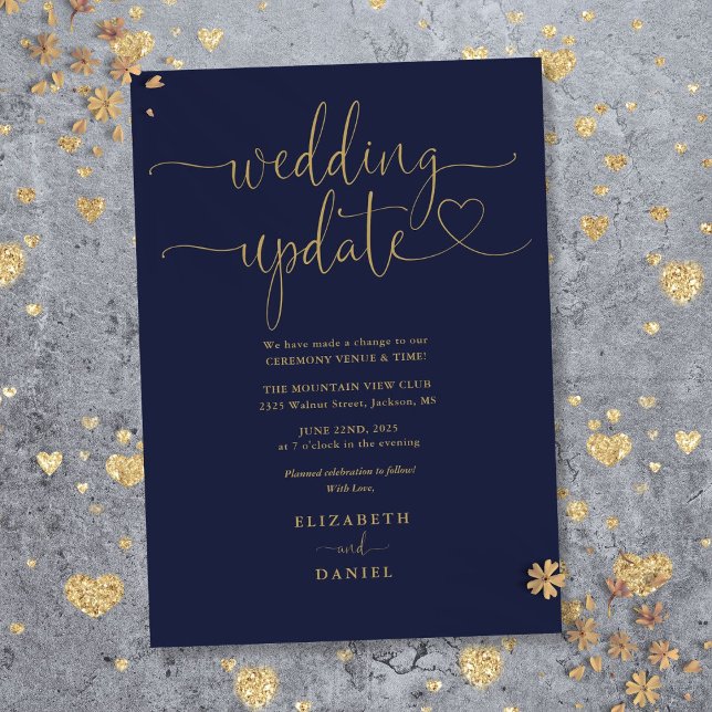 Navy Blue And Gold Heart Script Wedding Update Invitation (Navy Blue And Gold Heart Script Wedding Update Invitation)