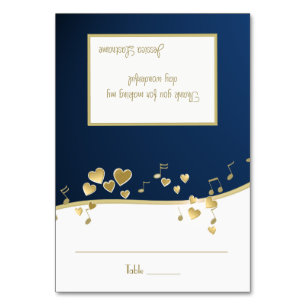 Navy Blue and Gold Hearts Music Seating Card