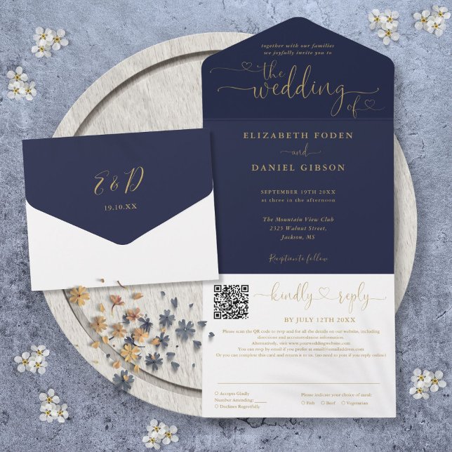 Navy Blue And Gold Hearts Script QR Code Wedding All In One Invitation (Navy Blue And Gold Hearts Script QR Code Wedding All In One Invitation)