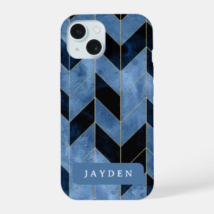 Navy Blue and Gold Herringbone Custom Name iPhone 15 Case