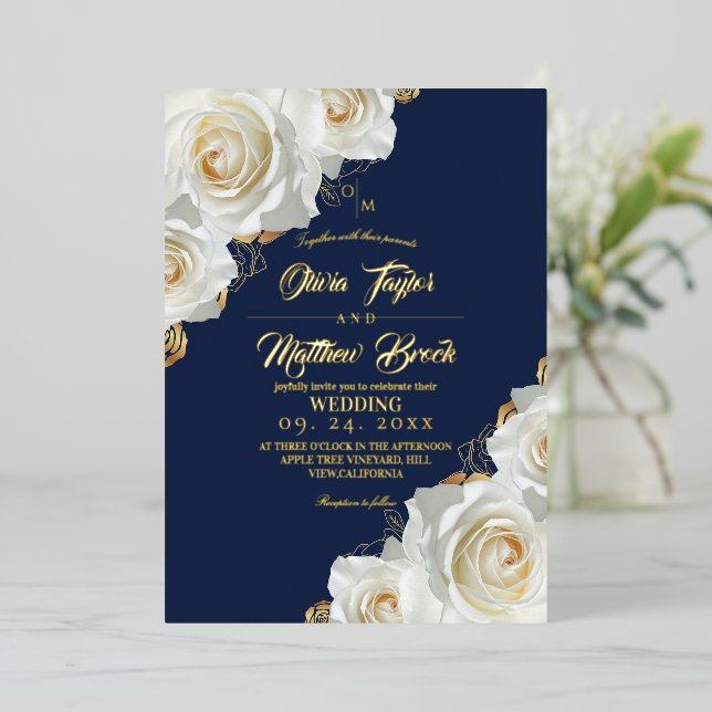  Navy Blue and Gold Ivory Roses Wedding (Standing Front)