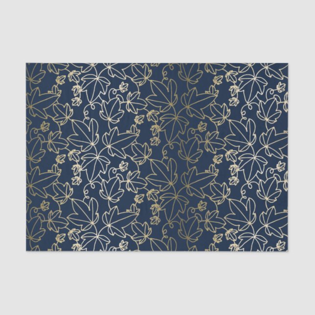 Navy Blue and Gold Ivy Leaf Floral Pattern Tissue Paper (Front)