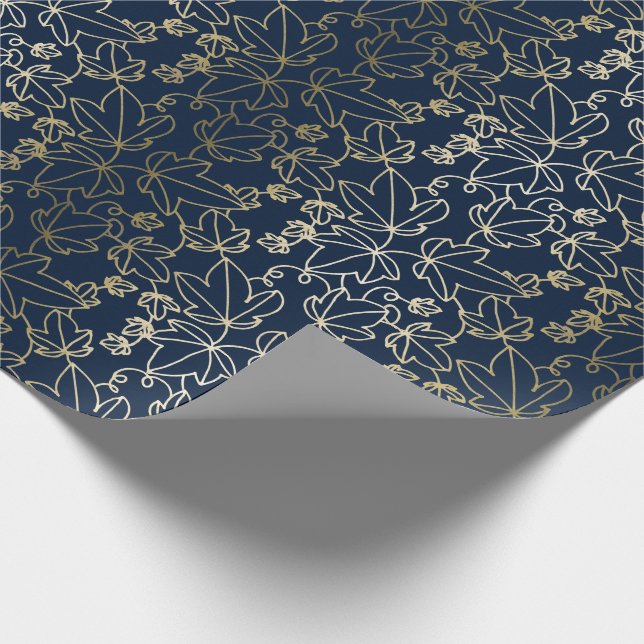 Navy Blue and Gold Ivy Leaf Floral Pattern Wrapping Paper (Corner)