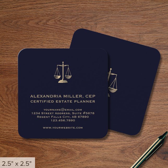 Navy Blue and Gold Justice Scales Square Business Card (Creator Uploaded)
