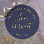 Navy Blue And Gold Love Is Sweet Wedding Favor  Classic Round Sticker<br><div class="desc">Navy blue and gold wedding favor love is sweet classic round sticker. Designed by Thisisnotme©</div>