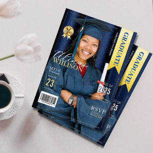 Navy blue and gold magazine graduation photo invitation