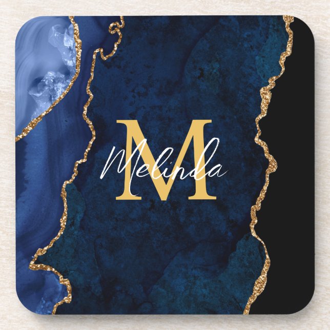 Navy Blue and Gold Marble Agate Coaster (Front)