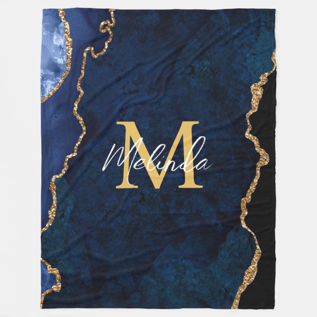 Navy Blue and Gold Marble Agate Fleece Blanket (Front)