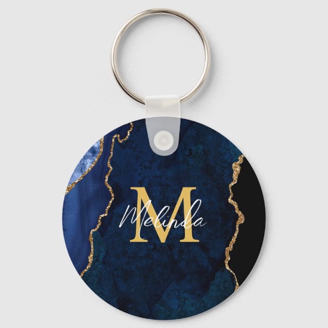 Navy Blue and Gold Marble Agate Key Ring (Front)