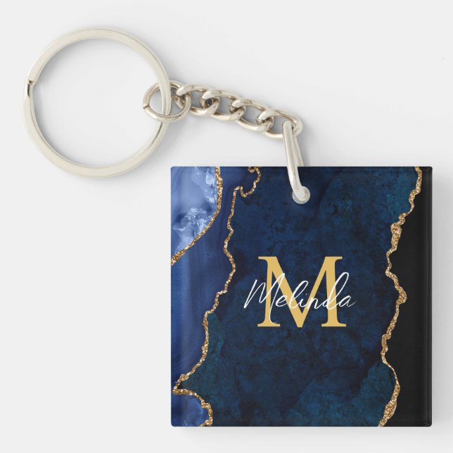 Navy Blue and Gold Marble Agate Key Ring (Front)