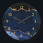 Navy Blue and Gold Marble Agate Large Clock<br><div class="desc">This clock features an elegant and glamourous agate marble background with geode gemstone detailing and faux gold glitter accents. The deep blue hues make it perfect for autumn fall and winter.</div>