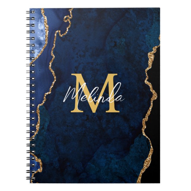 Navy Blue and Gold Marble Agate Notebook (Front)